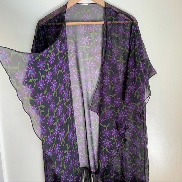 NWOT LuLaRoe ‘Monroe’ Sheer Kimono w/ Fringe, Black w/ Purple Flowers Size L - Picture 5 of 12